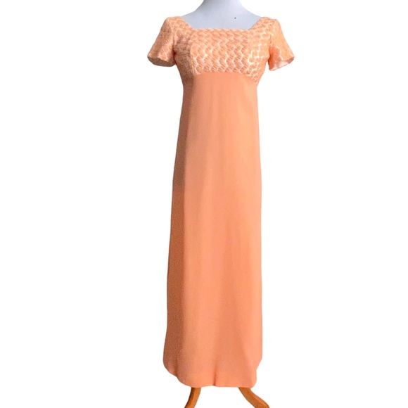 Vintage Dresses & Skirts - Vintage 60s Short Sleeve Peach Chiffon Empire Waist Maxi Sheath Dress ILGWU